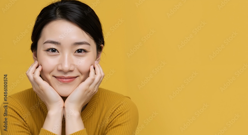 Asian woman portrait with hands on cheeks against yellow background. Young female with natural makeup and short dark hair. Beauty concept. Fashion photography. Facial features. Horizontal banner Asian woman portrait with hands on cheeks against yellow background. Young female with natural makeup and short dark hair. Beauty concept. Fashion photography. Facial features. Horizontal banner