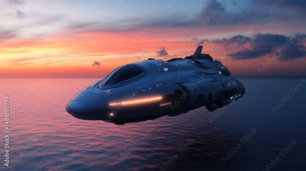 Fototapeta premium A minimalist spacecraft hovering above a dreamlike alien ocean