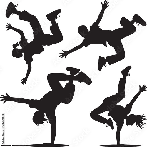 Energetic kids breakdancing silhouettes action poses
