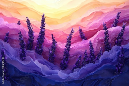 Lavender Fields Stretch Towards the Horizon With Mountains and a Blue Sky Creating a Serene Landscape in Rural Countryside