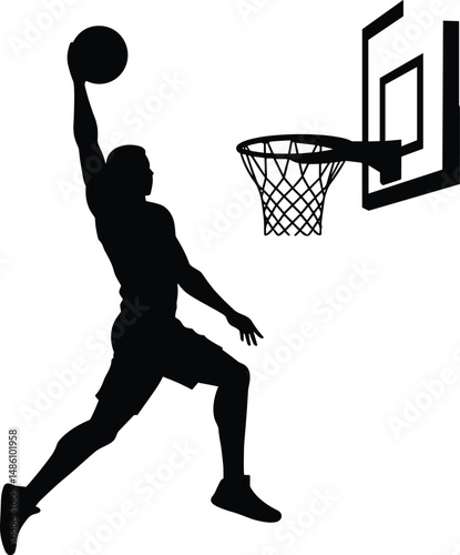 vector silhouette of a male basketball player slam dunk, scoring the ball to the net, transparent background