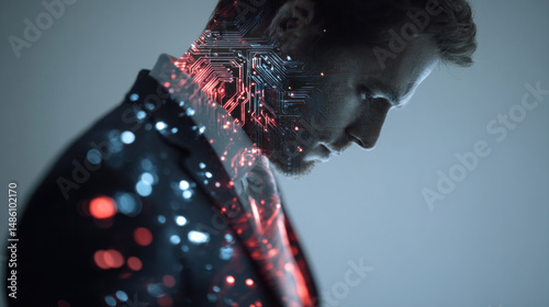 Technological Resonance: A profile of a man, with technology overlaying his form, symbolizing the interplay of humanity and innovation.