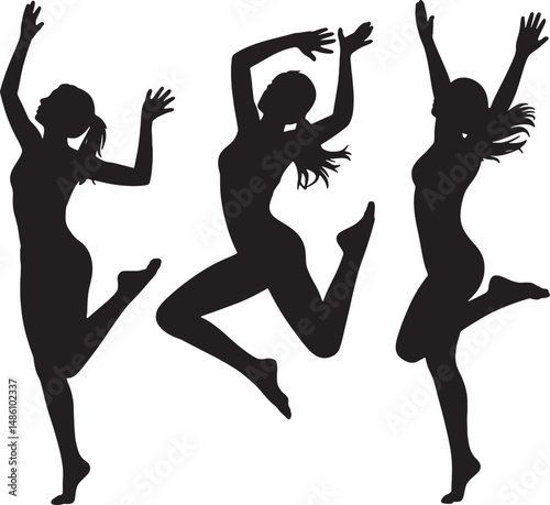 Three silhouettes of women jumping joyfully