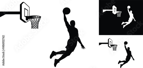 vector silhouette of a male basketball player slam dunk, scoring the ball to the net, transparent background