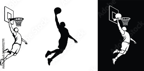 vector silhouette of a male basketball player slam dunk, scoring the ball to the net, transparent background