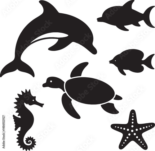 Black silhouettes of ocean animals sea life