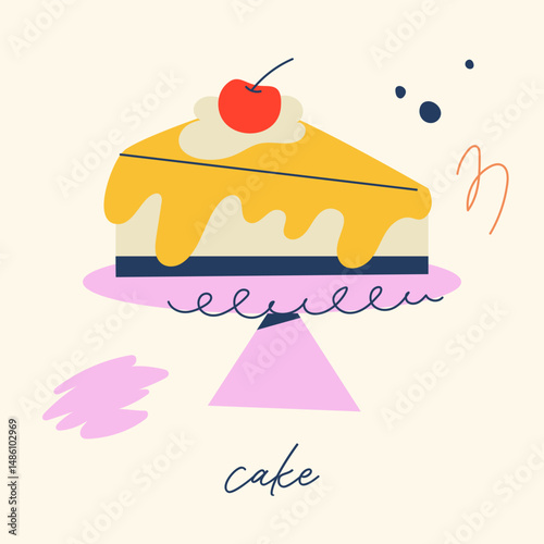Slice of cake with cherry on top. Flat vector illustration for bakery branding, dessert menus, and sweet treat designs