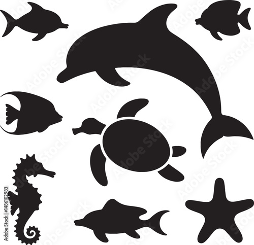 Ocean life silhouettes sea animals marine wildlife