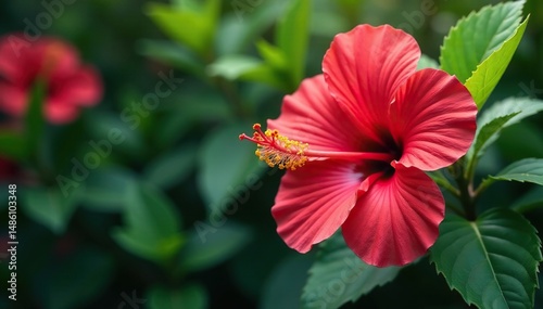 Bold hibiscus blooms, lush tropical foliage, vibrant color burst, botanical, bold, textile