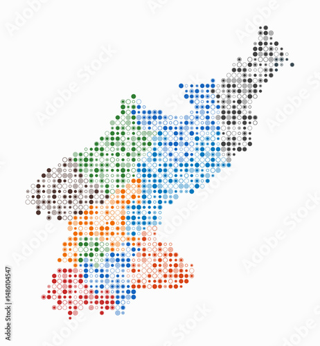 Dem. Rep. Korea, shape of the country built of colored cells. Digital style map of the Dem. Rep. Korea on white background. Small size circle blocks. Artistic vector illustration.