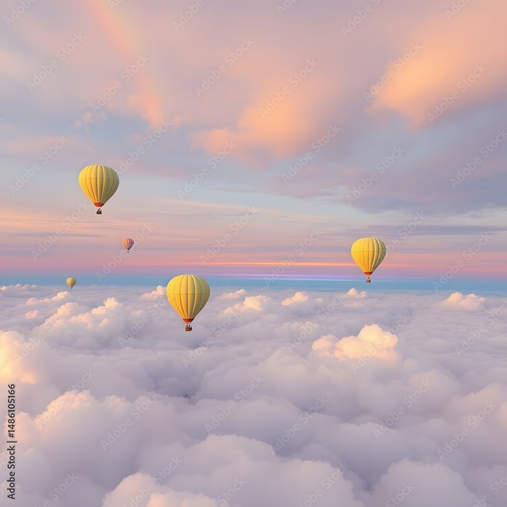 Fototapeta premium A colorful hot air balloon flies in the blue pink sky with white fluffy clouds, offering a sense of freedom and adventure during its flight