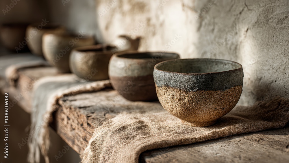 Fototapeta premium Handcrafted Clay Cups on Vintage Table