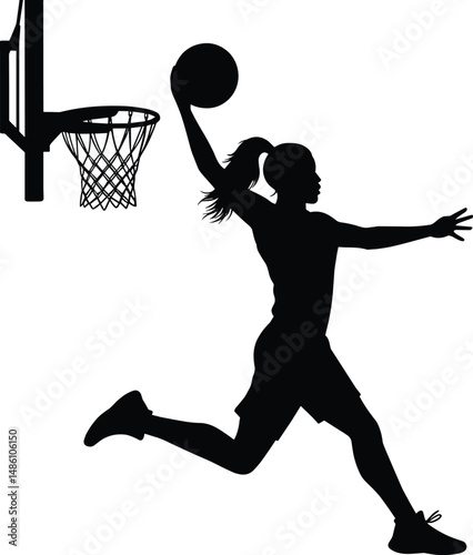 vector silhouette of a female basketball player slam dunk, scoring the ball to the net, transparent background