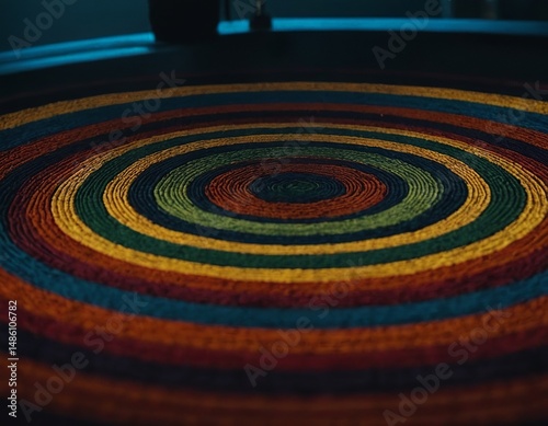 A vibrant, multicolored spiral rug with concentric circles, showcasing a blend of colors that adds warmth and texture to any space.