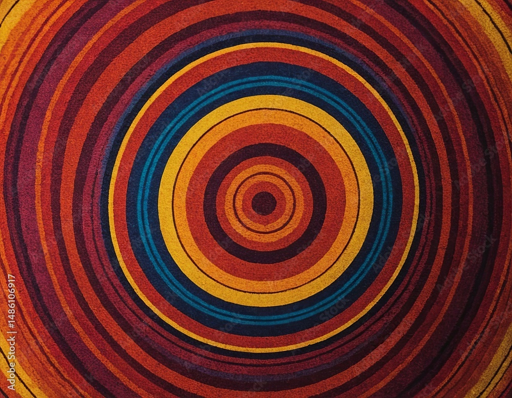 A vibrant abstract circular pattern featuring concentric rings in shades of red, orange, and blue, creating a dynamic visual effect.