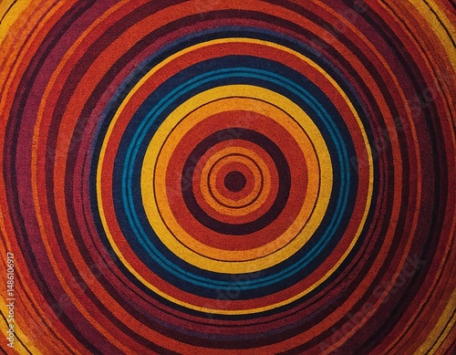 A vibrant abstract circular pattern featuring concentric rings in shades of red, orange, and blue, creating a dynamic visual effect.