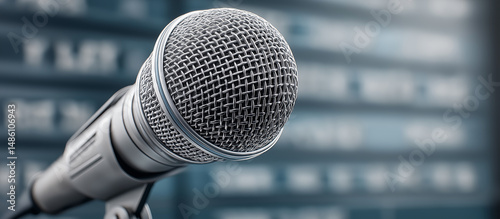 Music microphone close-up on blue background with inscriptions. Concept of performance, vocal recording, podcast, karaoke, musical creativity and sound. Modern style and aesthetics.