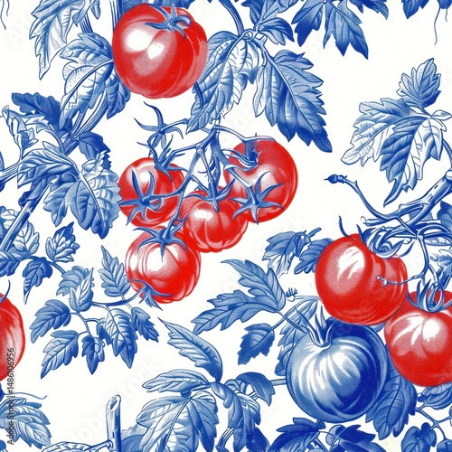  Red tomatoes pattern in style of toile de jouy as seamless repeating backgound tile 2