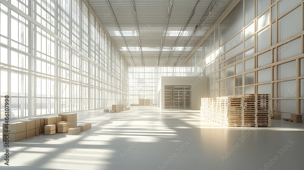 Conceptual and dynamic view of the interior of a logistics warehouse or storage platform. Conceptual and dynamic view of the interior of a logistics warehouse or storage platform.