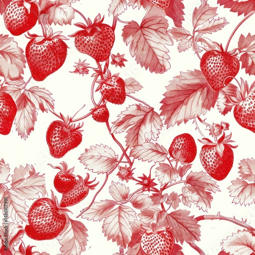 Red strawberries pattern in style of toile de jouy as seamless repeating backgound tile 1