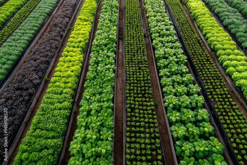 Overhead View of Varied Plant Rows in Cultivation, Showcasing Diverse Greens and Textures, Food Production
