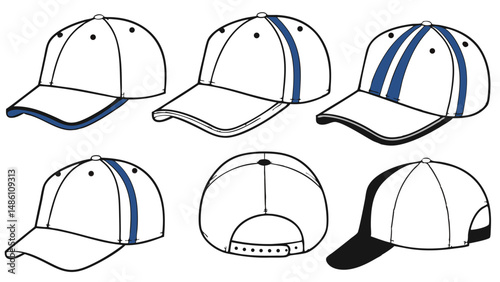 Baseball Cap Design Grid: Front, Side, and Rear Views Template