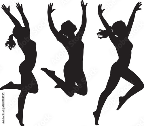 Three silhouettes of women jumping joyfully
