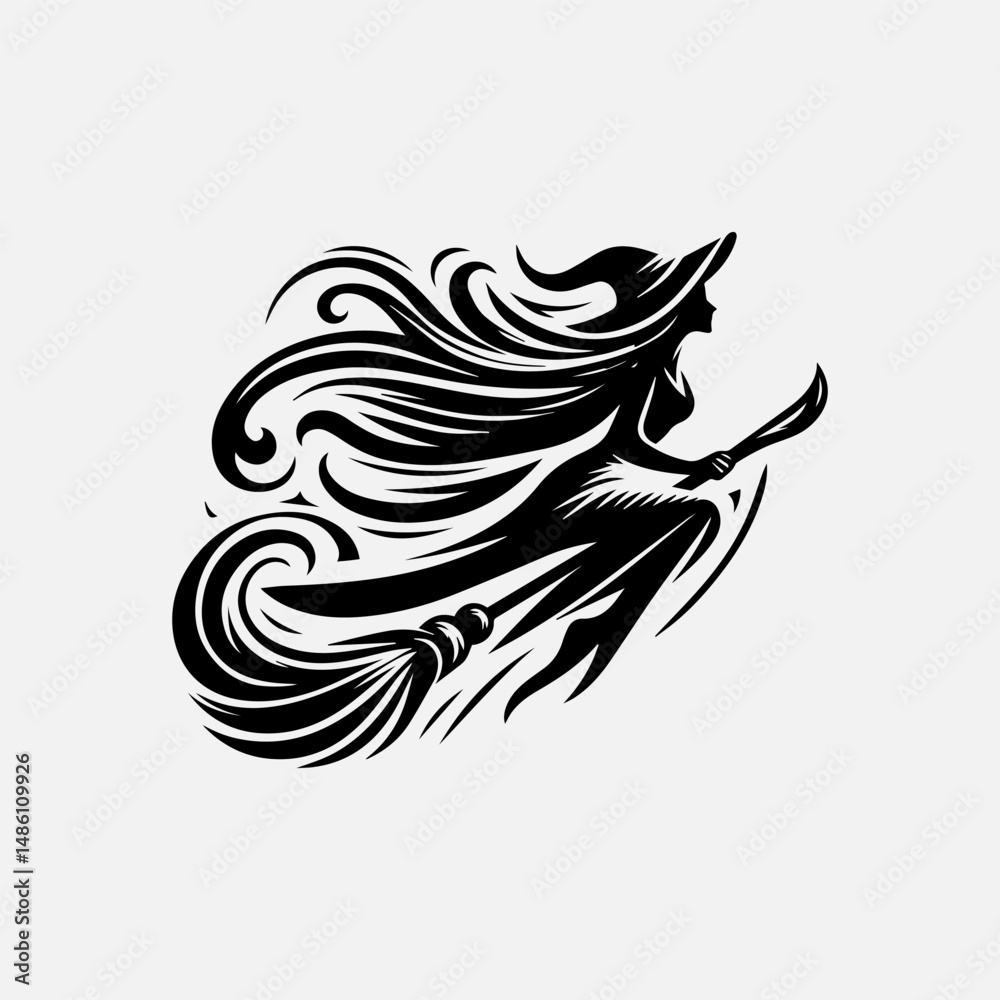 Obraz premium Minimalist black witch silhouette on broomstick with swirling motion trails vector Halloween logo