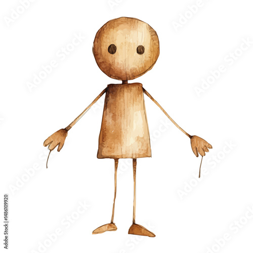 watercolor vector of Wooden Puppet With Jointed Limbs, high quality, isolated on a white background.