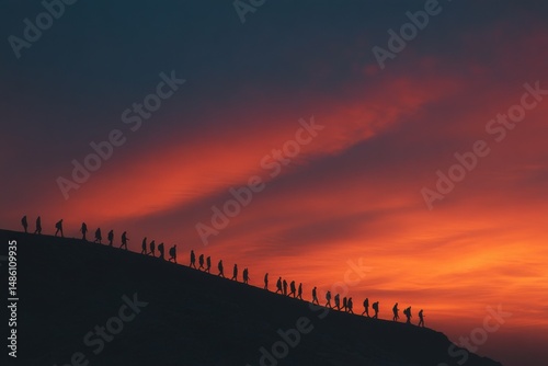 Silhouetted Group Climbs a Hill Against a Vibrant Sunset Sky Displaying Teamwork, Perseverance, and Shared Journey