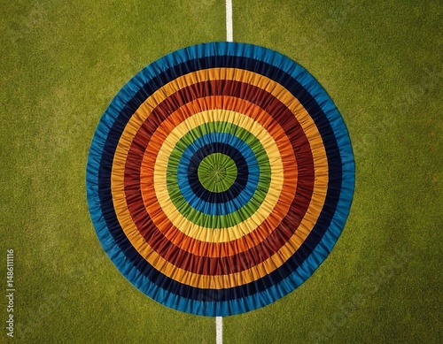 Colorful circular fabric on green grass, creating a vibrant and artistic display.