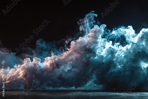 Spectacular display of thick, swirling blue and white smoke against dark background creates mysterious, otherworldly atmosphere