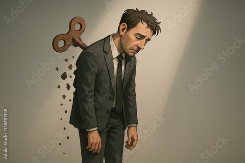 A surreal conceptual illustration of a tired businessman in a suit with a wind-up key in his back, crumbling into pieces. Burnout, pressure, emotional collapse, and work fatigue under corporate stress