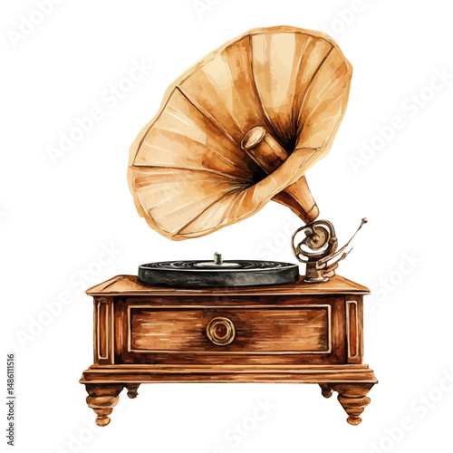 watercolor vector of Wooden Gramophone Cabinet, high quality, isolated on a white background.