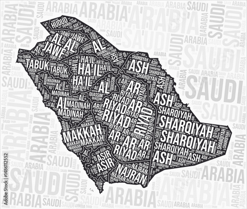 Saudi Arabia regions map word cloud. Saudi Arabia region names. Black and white map design. Awesome vector illustration.
