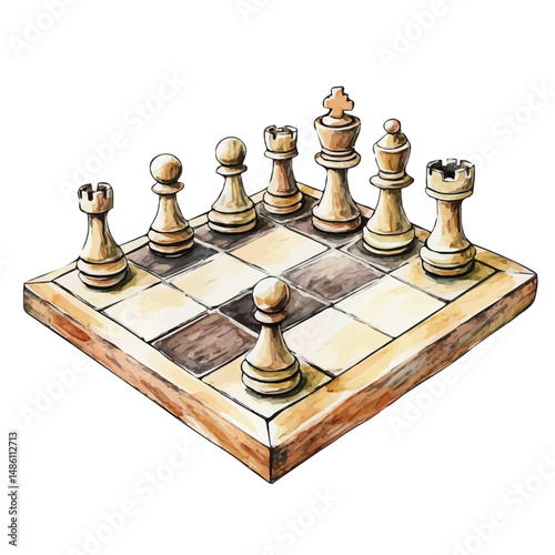 Wooden Chessboard With Carved Pieces, watercolor illustration vector, high quality, isolated on a white background.