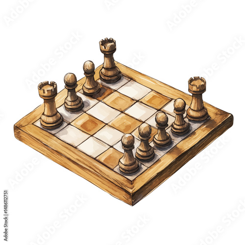 Wooden Chessboard With Carved Pieces, watercolor vector, high quality, isolated on a white background.