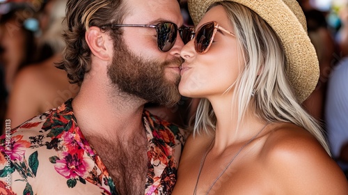 Couple is kissing closely, both wearing sunglasses and fashionable attire in a brightly lit outdoor environment.