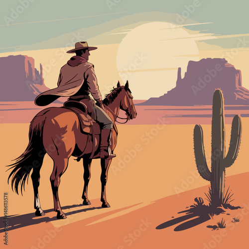 A clean and stylized digital illustration of a lone cowboy riding across a vast desert during golden hour, with a calm and cinematic atmosphere. The cowboy wears a wide-brimmed hat and a long flowing 
