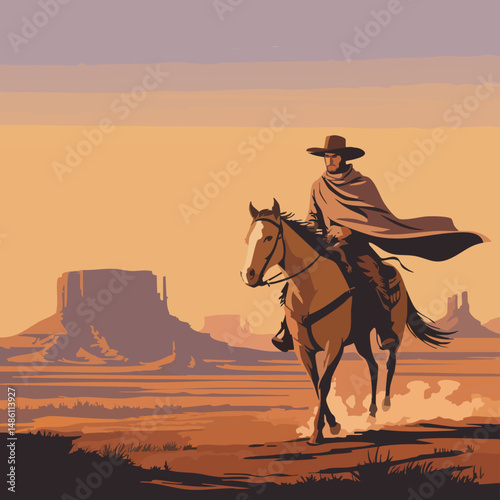 A clean and stylized digital illustration of a lone cowboy riding across a vast desert during golden hour, with a calm and cinematic atmosphere. The cowboy wears a wide-brimmed hat and a long flowing 
