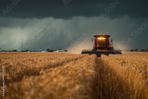 Red Combine Harvesting Grain Under a Stormy Sky in a Rural Agricultural Field During Harvest Season photo