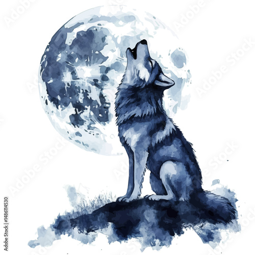 watercolor of Wolf Howling At The Moon, vector high quality, isolated on a white background.