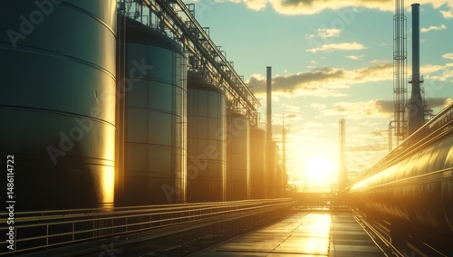Industrial Storage Facility at Sunrise with Metallic Tanks and Pipelines
