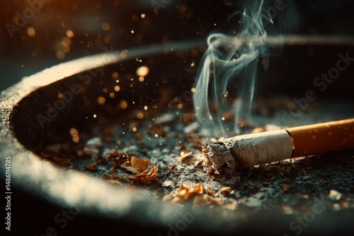 Smoldering Cigarette Butt with Smoke in Ashtray Filled with Ash and Debris, Unhealthy Lifestyle and Addiction