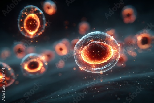 Microscopic Cells Featuring Glowing Inner Core Structures Floating within a Fluidic Field of Light