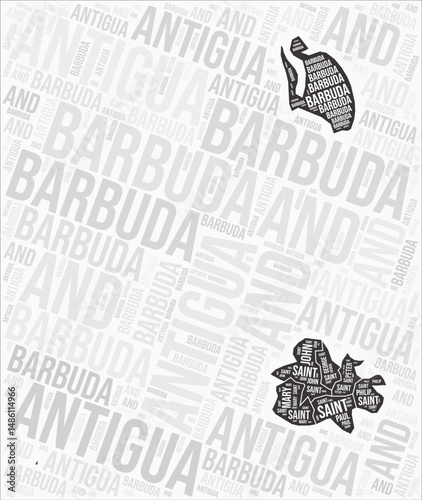 Antigua and Barbuda regions map word cloud. Antigua and Barbuda region names. Black and white map design. Classy vector illustration.