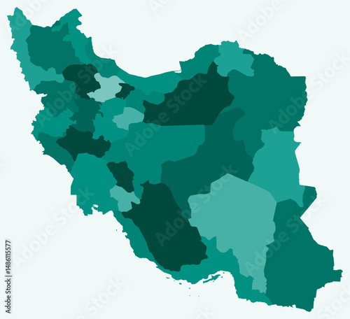 Map of Iran with regions. Just a simple country border map with region division. Teal color palette. Blank Islamic Republic of Iran shape with administrative division. Vector illustration.