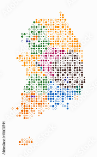 Republic of Korea, shape of the country built of colored cells. Digital style map of the Republic of Korea on white background. Small size circle blocks. Plain vector illustration.