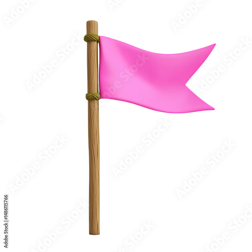 Pink Flag on Wooden Pole Simple 3D Rendered Image