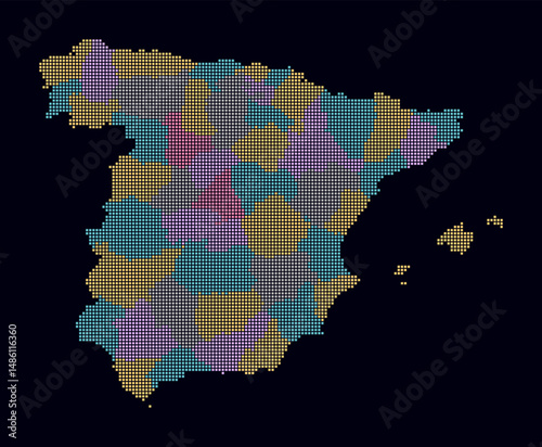 Spain dotted map. Digital style map of the country on dark background. Spain shape with square dots. Colored dots style. Small size squares. Amazing vector illustration.
